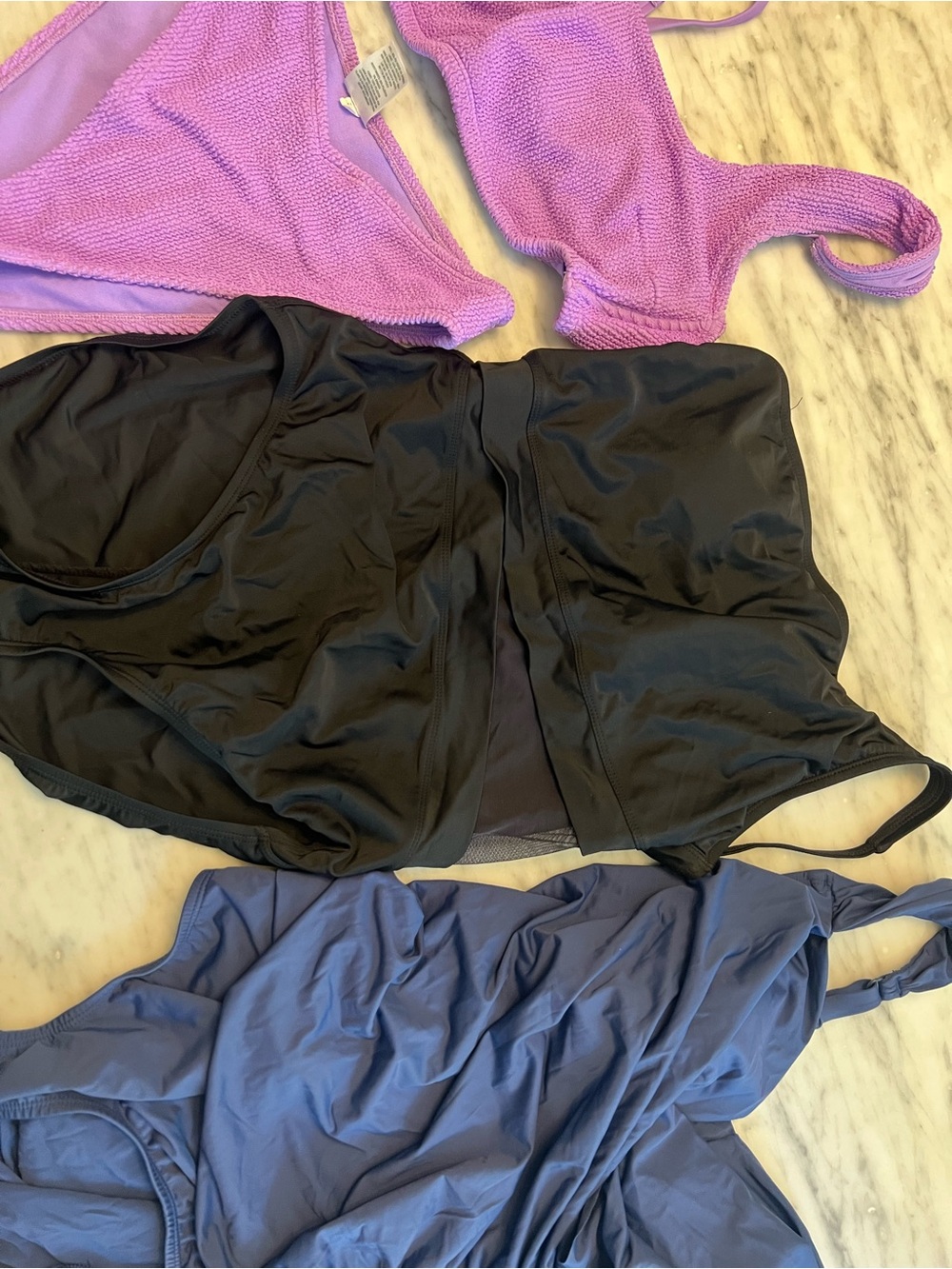 3 Womens Swimsuits in Lavender, Black and Navy